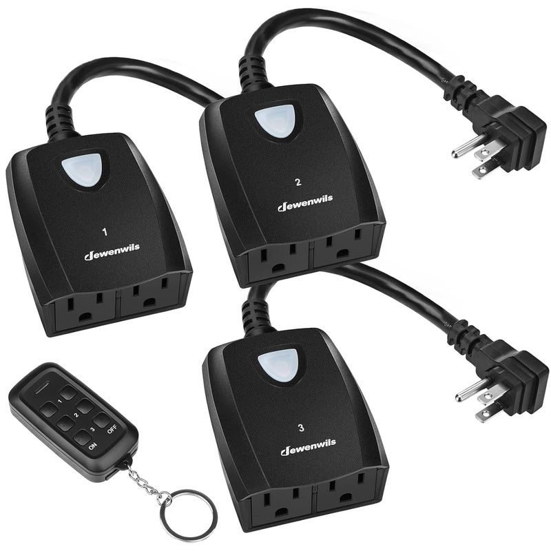 DEWENWILS Outdoor Remote Control Outlet, Weatherproof Wireless Electrical Plug in Light Switches, 7" Extension Cord,15 AMP, 100 FT Range, ETL Listed, 1 Remote 3 Outlets for Lamp/Lights/Fans - Image 1