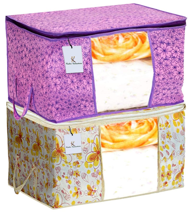 Kuber Industries Metalic Printed 2 Piece Non Woven Fabric Underbed Storage BagCloth OrganiserBlanket Cover with Transparent Window Pink Purple Ivory Red CTKTC41056 Standard - Image 1