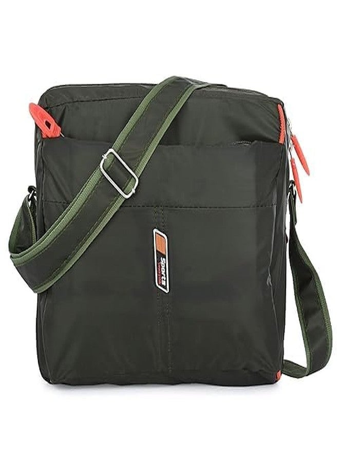 POPREX Crossbody Messenger Bag, Olive Green, Nylon, Adjustable Shoulder Strap, Orange Zipper Accents - Image 1