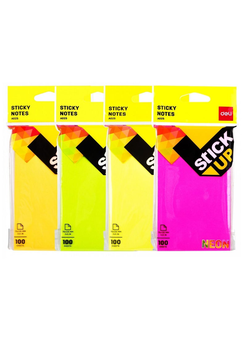 Deli 4-Pack Sticky Notes 76x126mm Neon Colours - Image 1