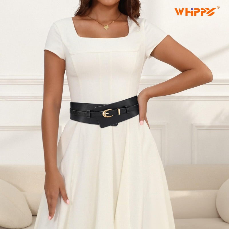 WHIPPY Women Wide Leather Belt Fashion Ladies Dress Belt 2-in-1 Waistband with Skinny Belt for Suits, Black, M - Image 2