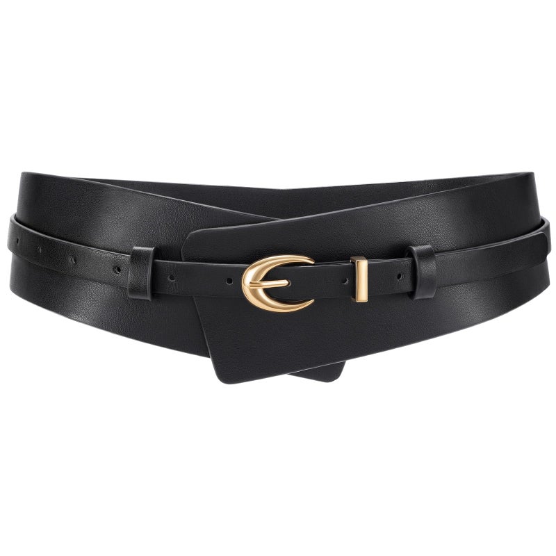 WHIPPY Women Wide Leather Belt Fashion Ladies Dress Belt 2-in-1 Waistband with Skinny Belt for Suits, Black, M - Image 1