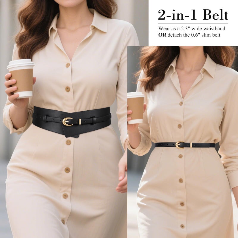 WHIPPY Women Wide Leather Belt Fashion Ladies Dress Belt 2-in-1 Waistband with Skinny Belt for Suits, Black, M - Image 3