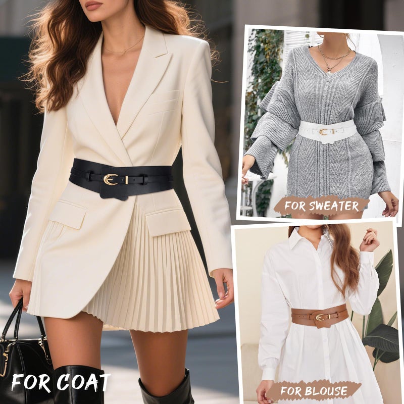 WHIPPY Women Wide Leather Belt Fashion Ladies Dress Belt 2-in-1 Waistband with Skinny Belt for Suits, Black, M - Image 4