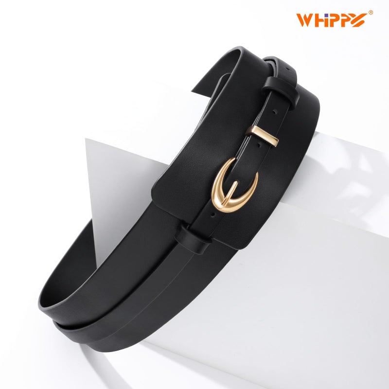 WHIPPY Women Wide Leather Belt Fashion Ladies Dress Belt 2-in-1 Waistband with Skinny Belt for Suits, Black, M - Image 5
