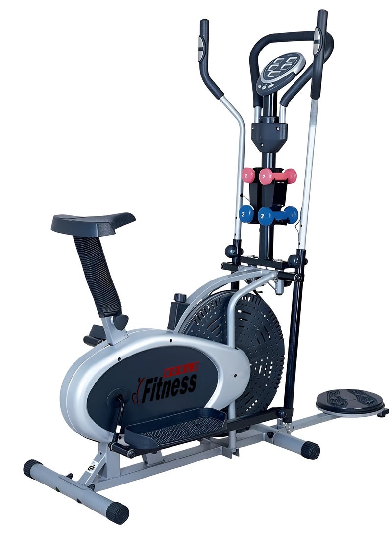 Fitness World An advanced 3-in-1 exercise bike with a rotating disc for waist sculpting and dumbbells, an Orbitrek sports device with a smart LCD screen