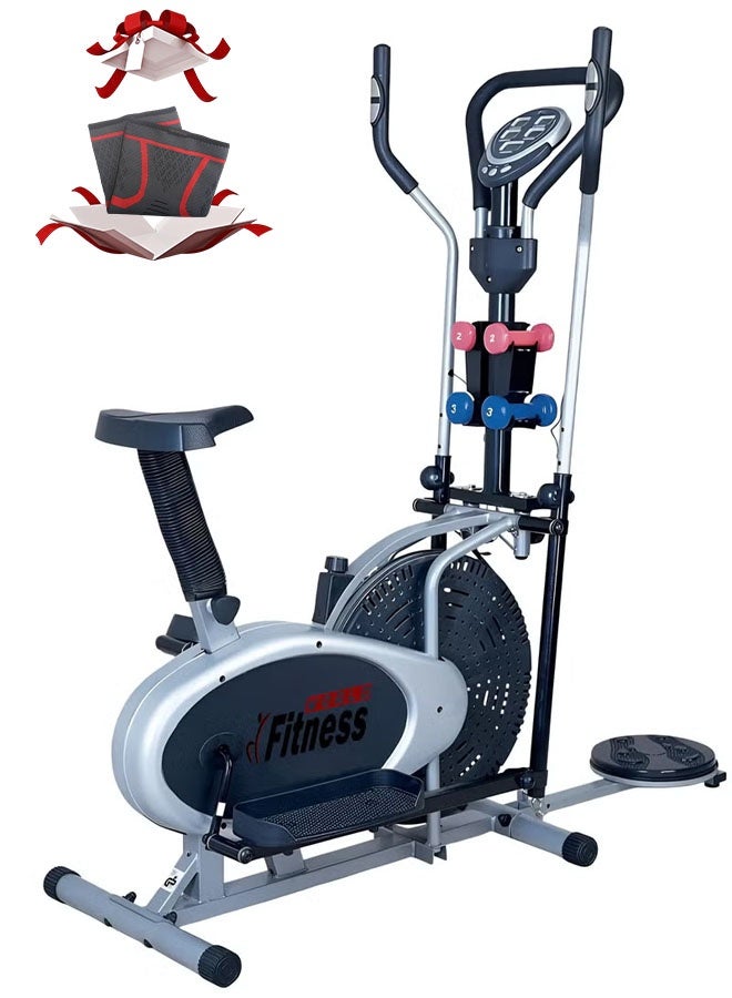 An advanced 3-in-1 exercise bike with a rotating disc for waist sculpting and dumbbells, an Orbitrek sports device with a smart LCD screen