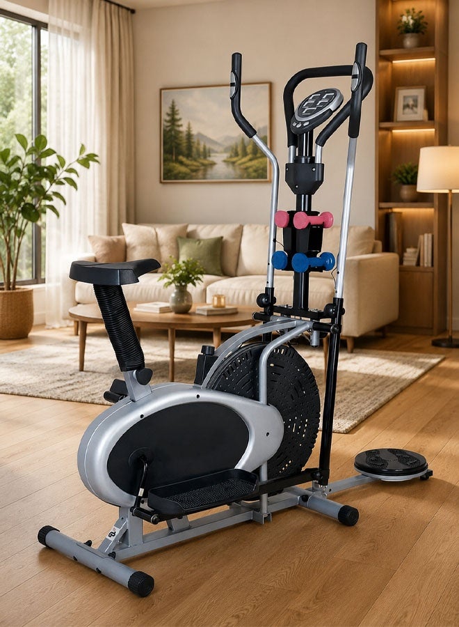 Fitness World An advanced 3-in-1 exercise bike with a rotating disc for waist sculpting and dumbbells, an Orbitrek sports device with a smart LCD screen - Image 1
