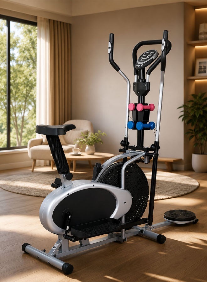 Fitness World An advanced 3-in-1 exercise bike with a rotating disc for waist sculpting and dumbbells, an Orbitrek sports device with a smart LCD screen - Image 1