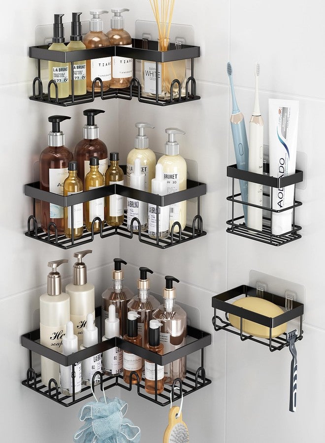 Liuoud Corner Shower Caddy 5 Pack, Rustproof Stainless Steel Shower Organizer with Soap Rack Toothbrush Holder, Large Capacity Adhesive No Drilling Bathroom Storage Decor Set, Black - Image 1