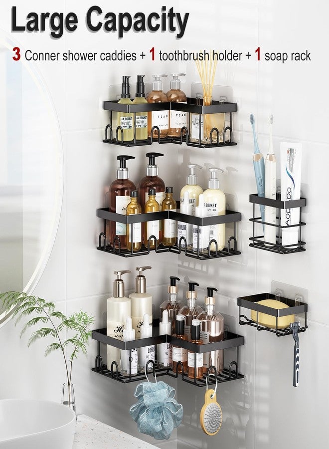 Liuoud Corner Shower Caddy 5 Pack, Rustproof Stainless Steel Shower Organizer with Soap Rack Toothbrush Holder, Large Capacity Adhesive No Drilling Bathroom Storage Decor Set, Black - Image 2