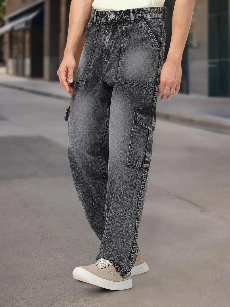 Urbano Fashion Men's Grey Loose Baggy Fit Washed Cargo Jeans with 6 Pockets Non-Stretchable