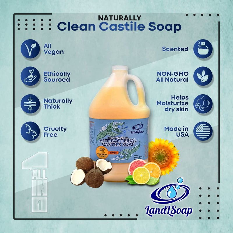LandLSoap Citrus Antibacterial Pure Castile Soap Liquid for Face Hand Body Wash Vegan NonGMO Made in USA Dry Sensitive Skin 1 Gallon - Image 2
