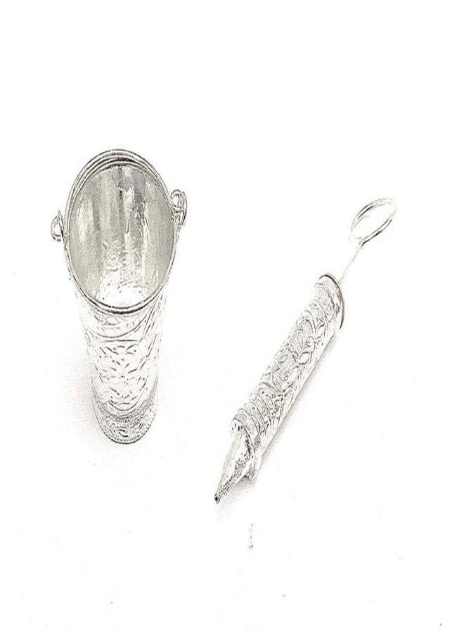 RELBEES Holi Hamper Silver Plated Pichkari, Bucket,Tulsi Plant and Silver Radha Krishna Frame Stand with Gift Box for Holi/Wedding/Return Gift/Corporate Gifting/Birthday Gift/Home Decor - Image 3