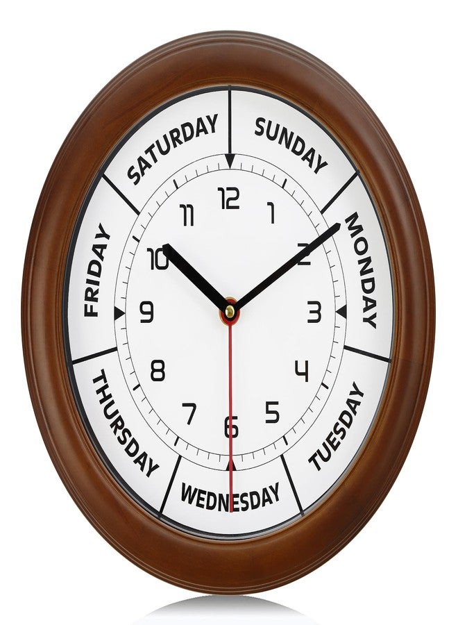 Lafocuse 12 Inch Solid Wood Day of The Week Wall Clock for Mother Easy to Read, Retirement Clock for Seniors, Silent Brown Wall Clock for Living Room Decor - Image 1