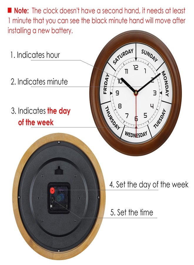 Lafocuse 12 Inch Solid Wood Day of The Week Wall Clock for Mother Easy to Read, Retirement Clock for Seniors, Silent Brown Wall Clock for Living Room Decor - Image 2