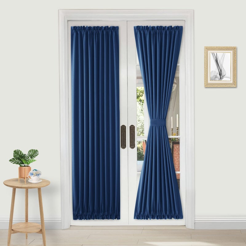 DWCN French Door Curtains  Rod Pocket Thermal Blackout Curtain for Doors with Glass Window Kitchen and Patio Doors for Privacy 25 X 72 Inches Long 1 Curtain Panel with Tieback Classic Blue