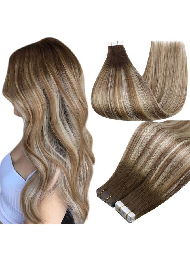 Full Shine 22" Glue In Hair Extensions Color #3 Fading to #8 Highlighted #22 Medium Blonde Balayage Tape In Human Hair Remy Hair Extensions Seamless 50 Grams 20 Pieces Per Pack - Image 1
