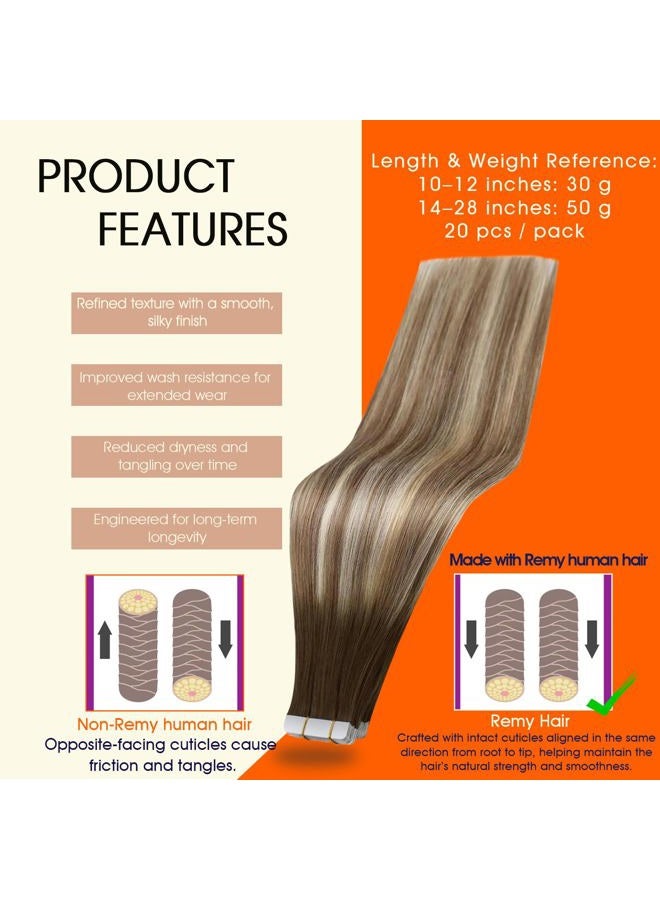 Full Shine 22" Glue In Hair Extensions Color #3 Fading to #8 Highlighted #22 Medium Blonde Balayage Tape In Human Hair Remy Hair Extensions Seamless 50 Grams 20 Pieces Per Pack - Image 2