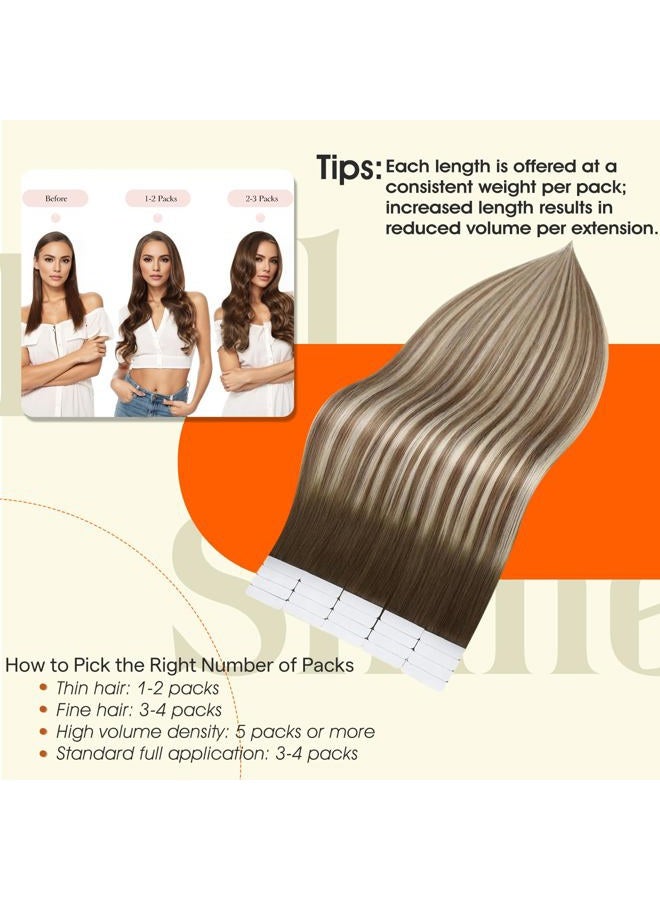 Full Shine 22" Glue In Hair Extensions Color #3 Fading to #8 Highlighted #22 Medium Blonde Balayage Tape In Human Hair Remy Hair Extensions Seamless 50 Grams 20 Pieces Per Pack - Image 3