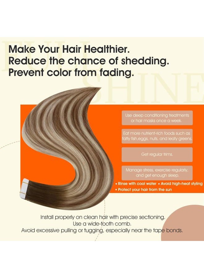 Full Shine 22" Glue In Hair Extensions Color #3 Fading to #8 Highlighted #22 Medium Blonde Balayage Tape In Human Hair Remy Hair Extensions Seamless 50 Grams 20 Pieces Per Pack - Image 4