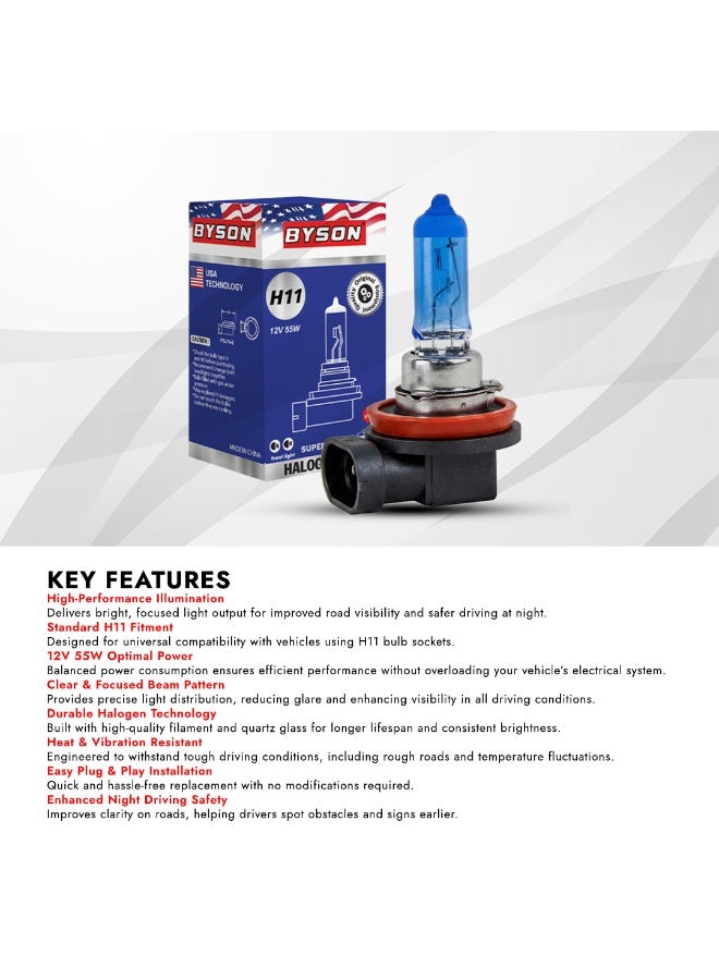 BYSON S/W H11 Halogen Headlight Bulb, 12V 55W Super White Car Light, Crystal Clear Bright Beam, Long Lasting Auto Lamp for Night Driving, Fog Lamp and Enhanced Road Vision Safety - Image 5