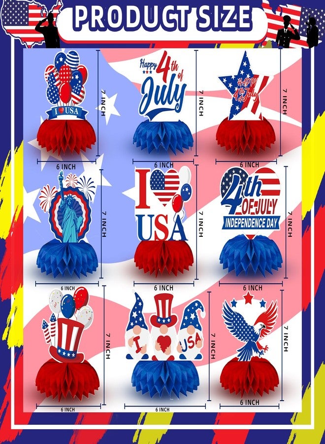 Oiuyamn 9 Pieces Fourth of July Patriotic Honeycomb Centerpieces Decorations, American Flag USA Balloons Table Topper Ornaments Signs Party Decorations - Image 2