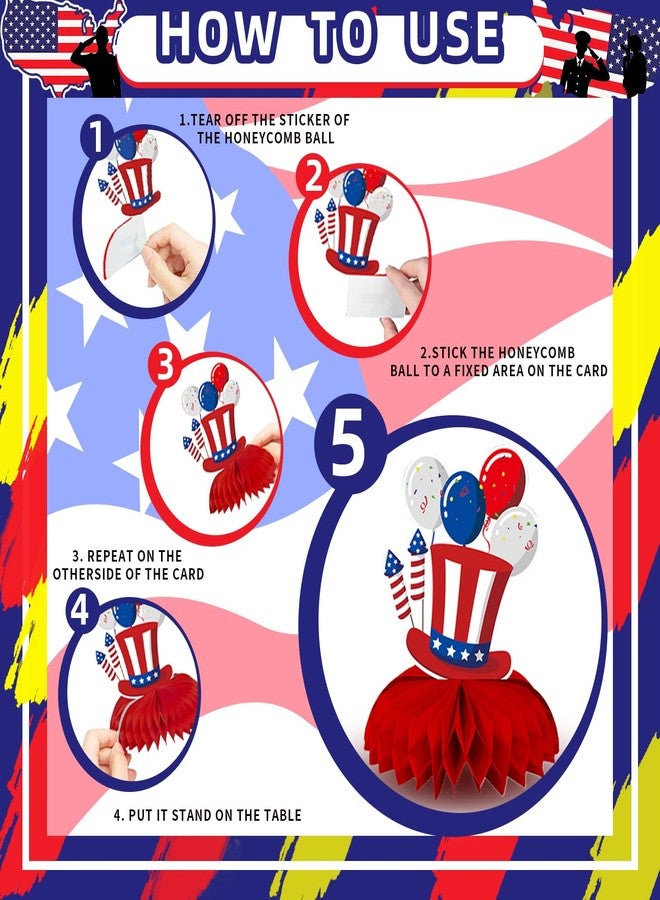 Oiuyamn 9 Pieces Fourth of July Patriotic Honeycomb Centerpieces Decorations, American Flag USA Balloons Table Topper Ornaments Signs Party Decorations - Image 4