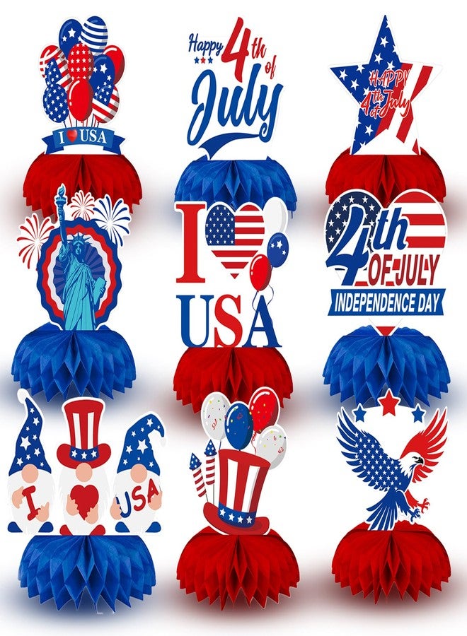 Oiuyamn 9 Pieces Fourth of July Patriotic Honeycomb Centerpieces Decorations, American Flag USA Balloons Table Topper Ornaments Signs Party Decorations - Image 1