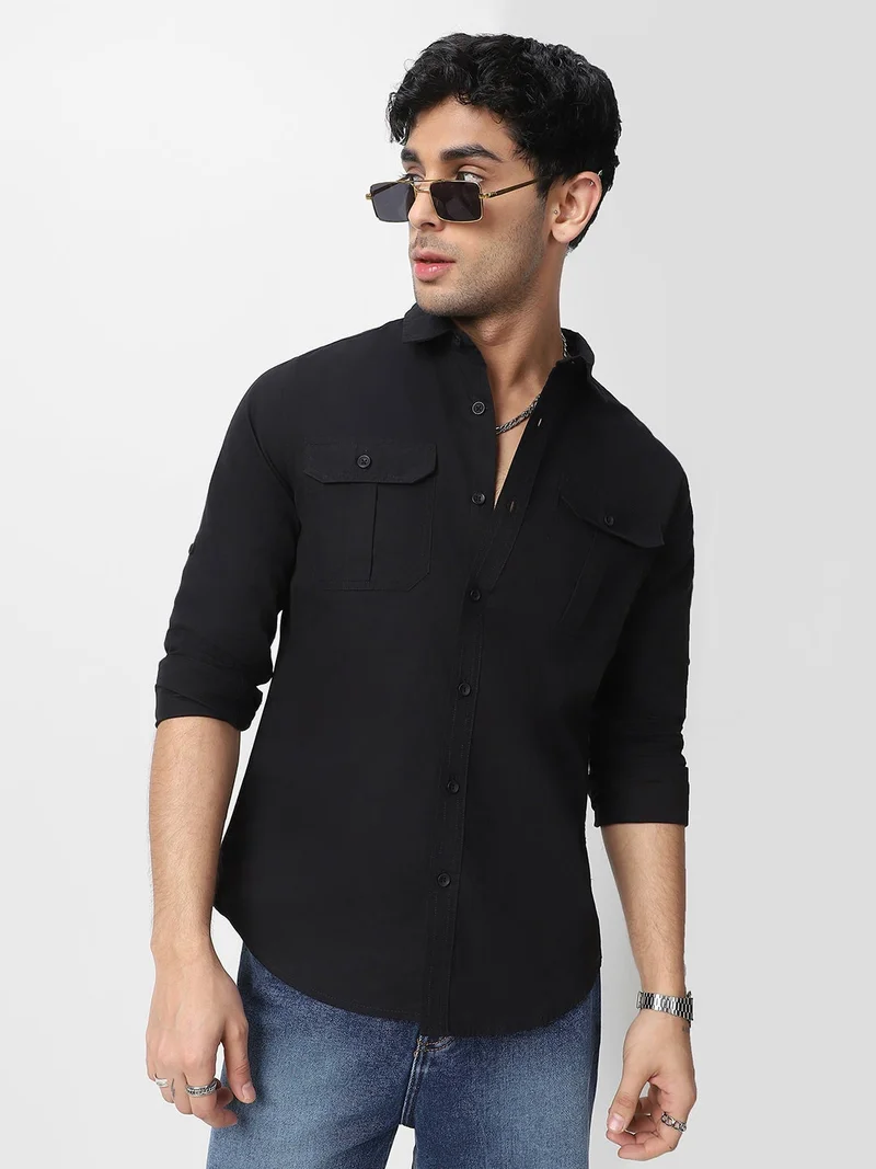 Urbano Fashion Men's Black Cotton Full Sleeve Regular Fit Casual Solid Shirt
