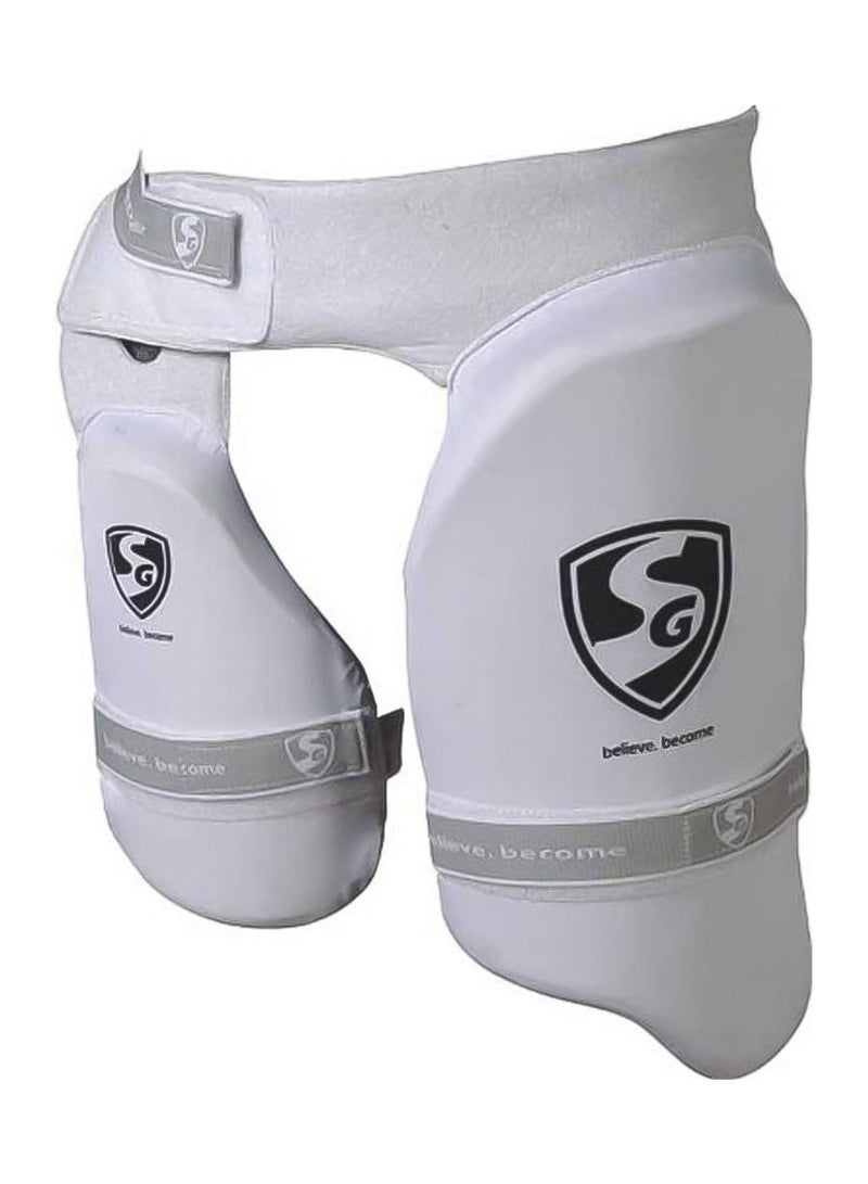 SG SG Ultimate Combo Thigh Guard for Men & Boys | Cricket Leg Protection Gear | Right Hand, Mens Size | PU Material | Thigh & Inner Thigh Guard with Adjustable Straps – White - Image 1