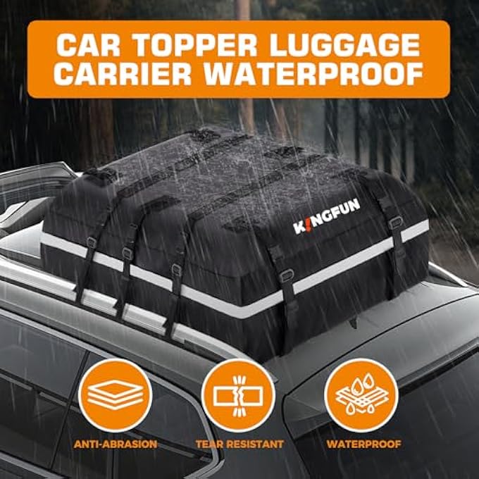 Kingfun Rooftop Cargo Carrier - Waterproof 20 Cubic Feet Car Roof Bag for All Vechicles with/Without Racks, Includes Anti-Slip Mat, 8 Reinforced Straps, 6 Door Hooks, Luggage Lock (Black) - Image 3