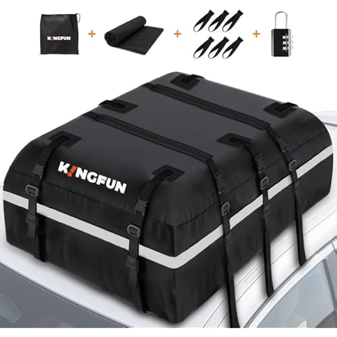 Kingfun Rooftop Cargo Carrier - Waterproof 20 Cubic Feet Car Roof Bag for All Vechicles with/Without Racks, Includes Anti-Slip Mat, 8 Reinforced Straps, 6 Door Hooks, Luggage Lock (Black) - Image 2