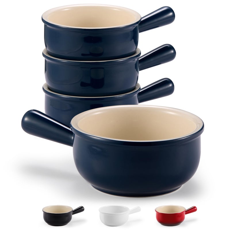 KooK French Onion Soup Bowls French Onion Soup Crocks Soup Bowl with Handles 15 oz Set of 4 Ceramic Bowls Microwave Dishwasher Safe  Oven safe StonewareNavy