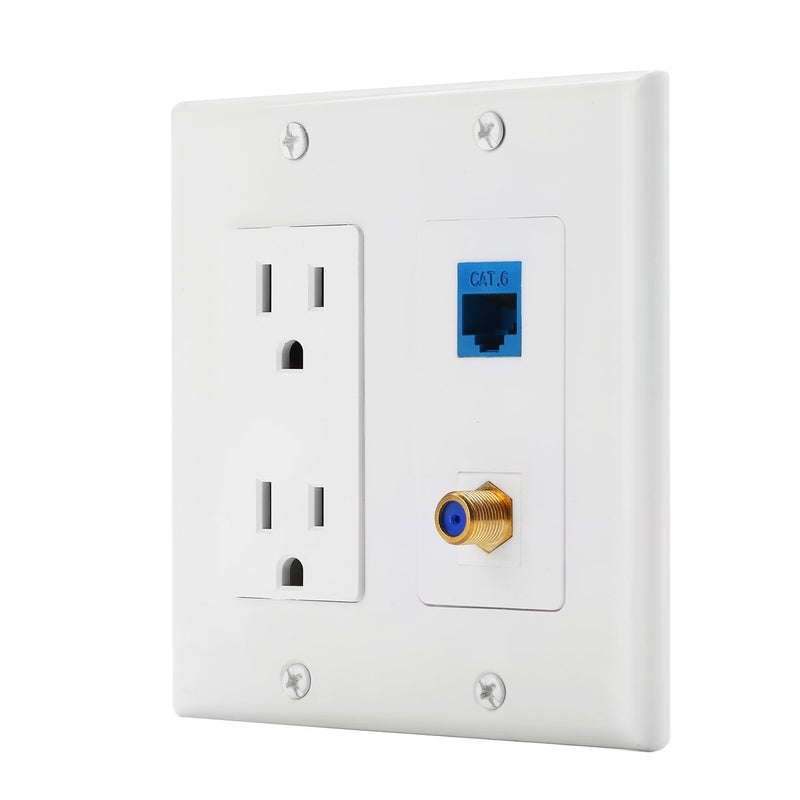 IBL-15A Power Outlet, 1 Port Cat6 Ethernet, 1 Port Coax Cable TV Gold-Plated F Type -Wall Plate in White - Image 4