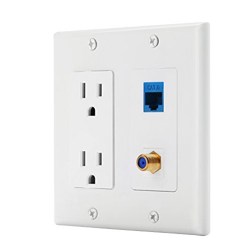 IBL-15A Power Outlet, 1 Port Cat6 Ethernet, 1 Port Coax Cable TV Gold-Plated F Type -Wall Plate in White - Image 1