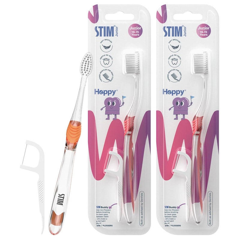 STIM Junior Kids Toothbrush | 10–15 Years | Soft Tapered Bristles for Deep Cleaning | Ergonomic Handle with Thumb Grip & Tongue Scraper | Dentist Recommended Toothbrush for Pre-Teens | 2 Brushes - Image 1