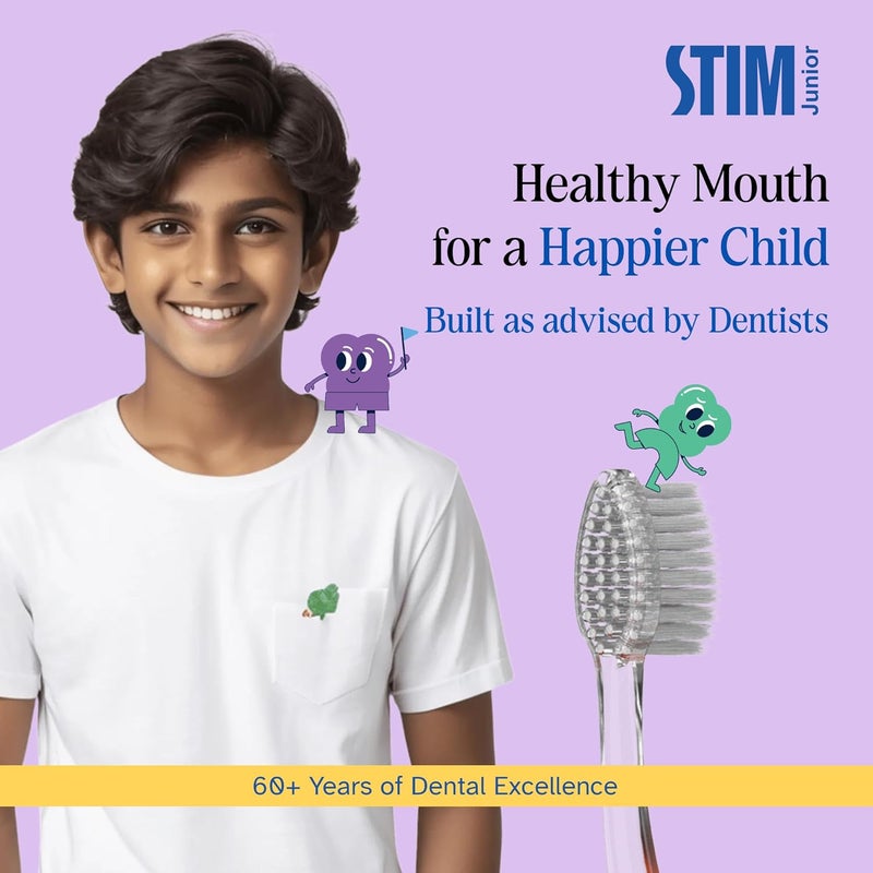 STIM Junior Kids Toothbrush | 10–15 Years | Soft Tapered Bristles for Deep Cleaning | Ergonomic Handle with Thumb Grip & Tongue Scraper | Dentist Recommended Toothbrush for Pre-Teens | 2 Brushes - Image 5