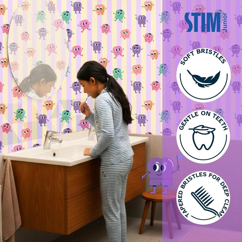 STIM Junior Kids Toothbrush | 10–15 Years | Soft Tapered Bristles for Deep Cleaning | Ergonomic Handle with Thumb Grip & Tongue Scraper | Dentist Recommended Toothbrush for Pre-Teens | 2 Brushes - Image 3
