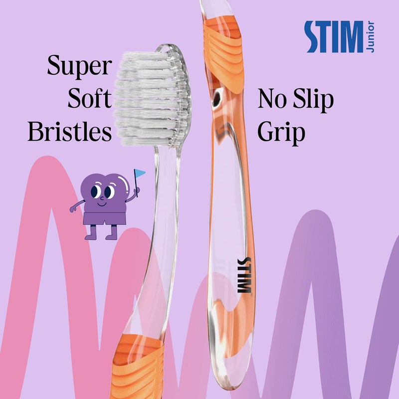 STIM Junior Kids Toothbrush | 10–15 Years | Soft Tapered Bristles for Deep Cleaning | Ergonomic Handle with Thumb Grip & Tongue Scraper | Dentist Recommended Toothbrush for Pre-Teens | 2 Brushes - Image 2