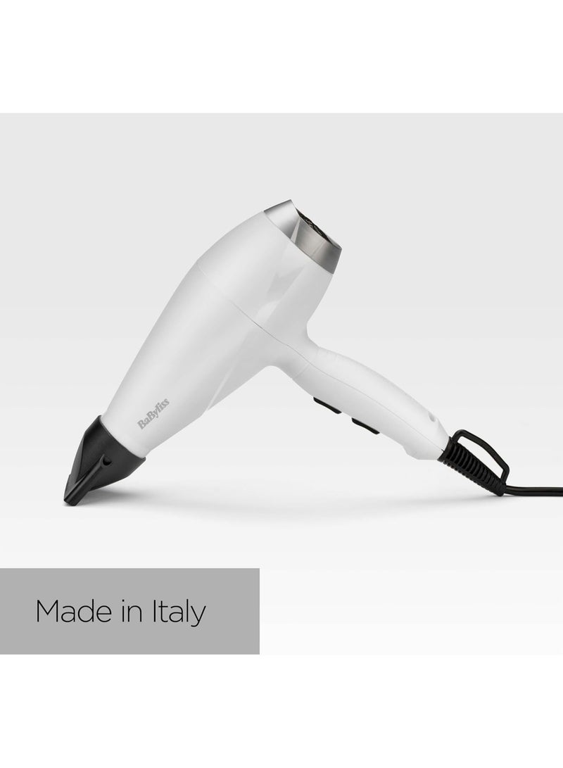 BaByliss Speed Pro 2000W Professional Hair Dryer AC Motor, Fast Drying Hair Dryer with 100 km/h Airflow, Ionic Technology, 2 Heat & Speed Settings, Cold Shot Button, White & Silver - 6704WE Made in Italy white - Image 4