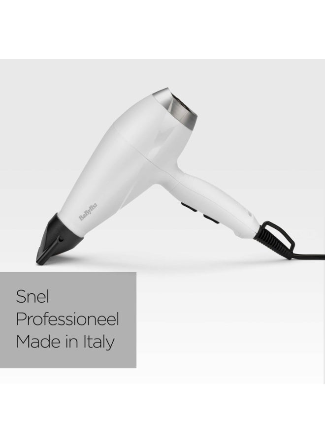 BaByliss Speed Pro 2000W Professional Hair Dryer AC Motor, Fast Drying Hair Dryer with 100 km/h Airflow, Ionic Technology, 2 Heat & Speed Settings, Cold Shot Button, White & Silver - 6704WE Made in Italy white - Image 2