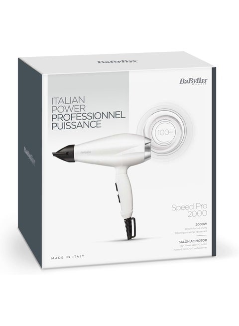 BaByliss Speed Pro 2000W Professional Hair Dryer AC Motor, Fast Drying Hair Dryer with 100 km/h Airflow, Ionic Technology, 2 Heat & Speed Settings, Cold Shot Button, White & Silver - 6704WE Made in Italy white