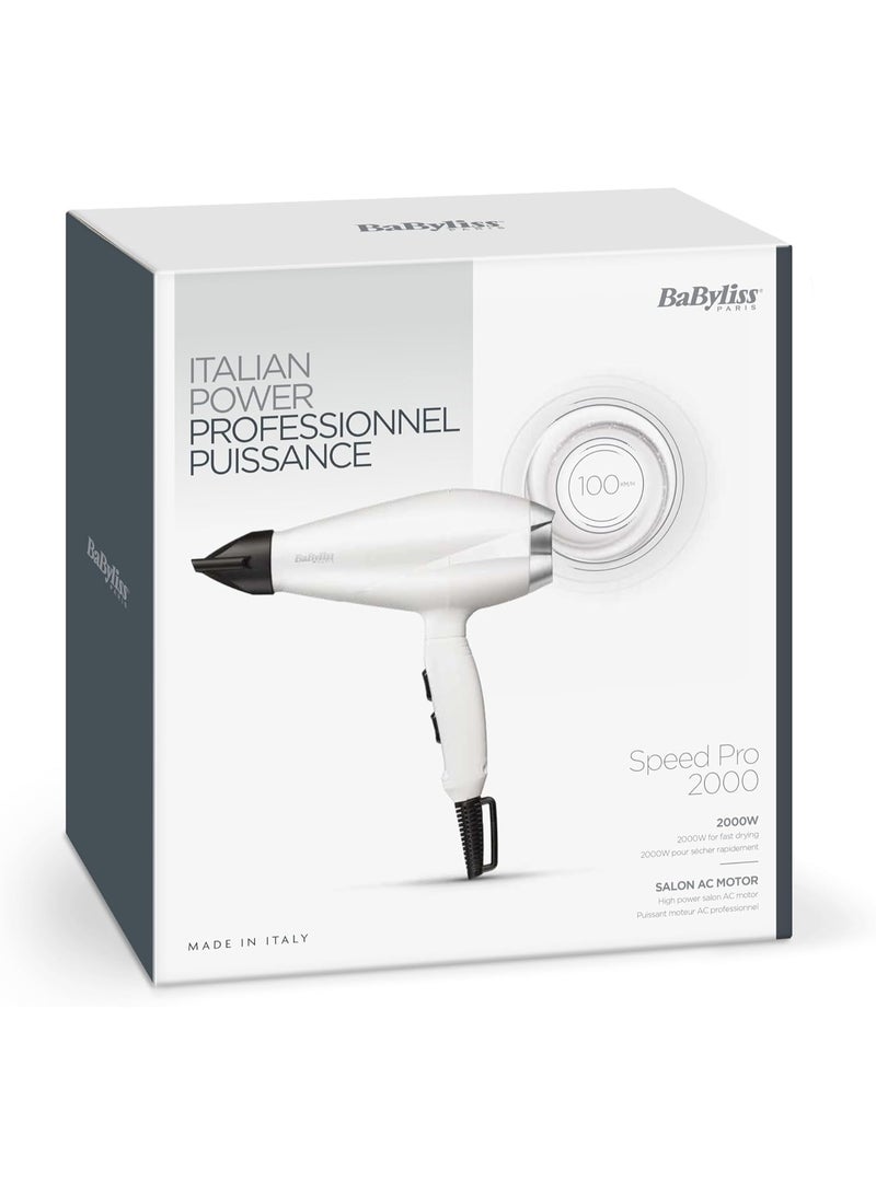 BaByliss Speed Pro 2000W Professional Hair Dryer AC Motor, Fast Drying Hair Dryer with 100 km/h Airflow, Ionic Technology, 2 Heat & Speed Settings, Cold Shot Button, White & Silver - 6704WE Made in Italy white - Image 1