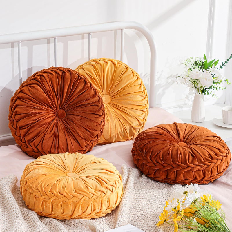 Drydiet 4 Pcs Round Throw Velvet Pillows Decorative Pleated Throw Pillows Diameter Accent Pumpkin Boho Chair Cushion for Couch Sofa Home Decoration Burnt OrangeYellow15 - Image 2