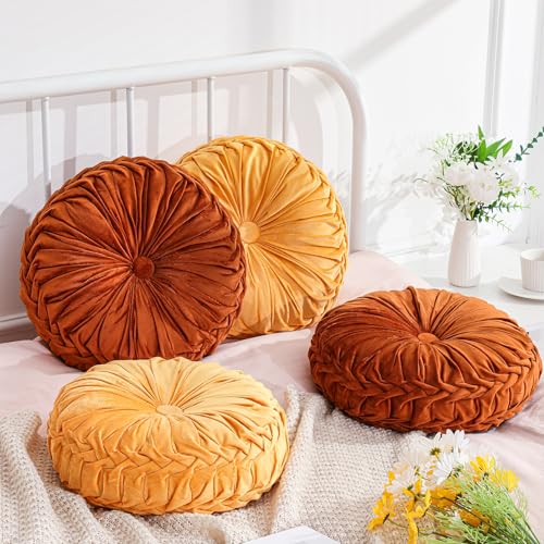 Drydiet 4 Pcs Round Throw Velvet Pillows Decorative Pleated Throw Pillows Diameter Accent Pumpkin Boho Chair Cushion for Couch Sofa Home Decoration Burnt OrangeYellow15 - Image 1