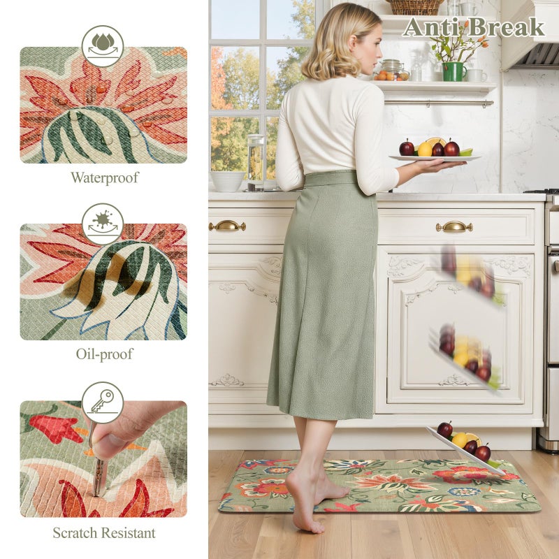 LEEVAN Anti Fatigue Mats for Kitchen Floor 2 Piece,Cushioned Memory Foam Green Kitchen Mats for Floor,Comfort Floral Boho Non Slip Kitchen Floor Mat for Sink,Laundry,Office(17''x29''+17''x47'') - Image 3