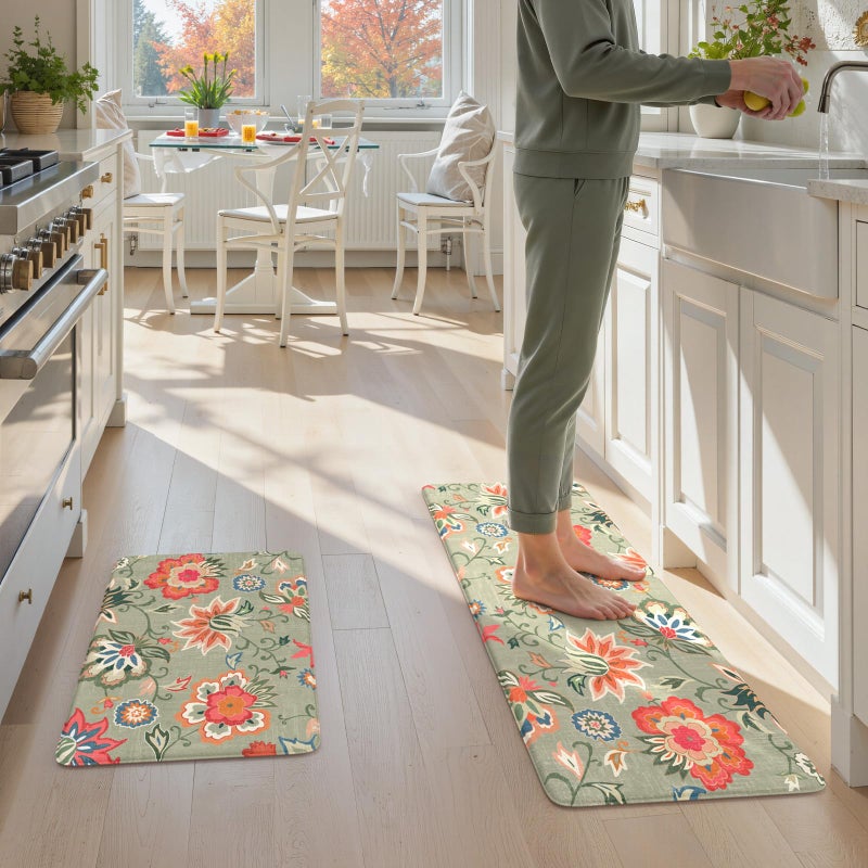 LEEVAN Anti Fatigue Mats for Kitchen Floor 2 Piece,Cushioned Memory Foam Green Kitchen Mats for Floor,Comfort Floral Boho Non Slip Kitchen Floor Mat for Sink,Laundry,Office(17''x29''+17''x47'') - Image 5