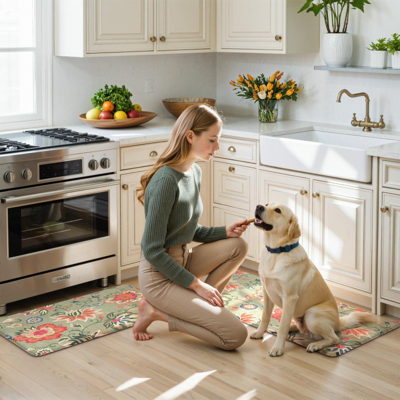 LEEVAN Anti Fatigue Mats for Kitchen Floor 2 Piece,Cushioned Memory Foam Green Kitchen Mats for Floor,Comfort Floral Boho Non Slip Kitchen Floor Mat for Sink,Laundry,Office(17''x29''+17''x47'') - Image 4