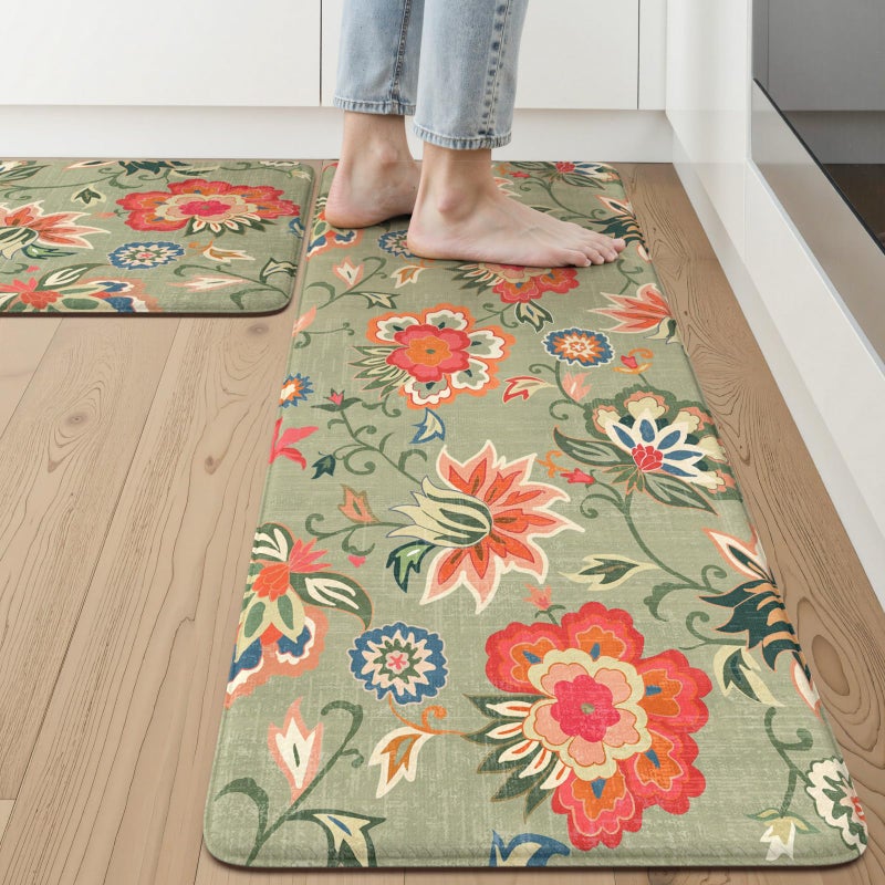 LEEVAN Anti Fatigue Mats for Kitchen Floor 2 Piece,Cushioned Memory Foam Green Kitchen Mats for Floor,Comfort Floral Boho Non Slip Kitchen Floor Mat for Sink,Laundry,Office(17''x29''+17''x47'') - Image 1